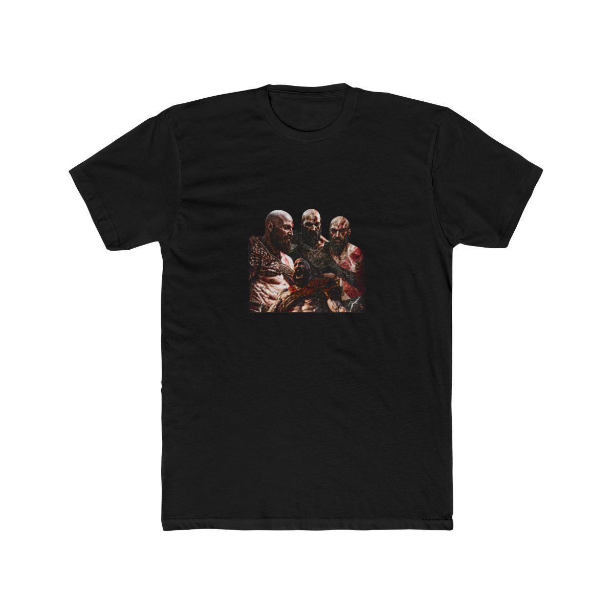 Dark grey T Shirt with a graphic featuring multiple characters and the word "KRATOS" in red. The design includes detailed illustrations of bearded figures with intense expressions. The shirt has short...