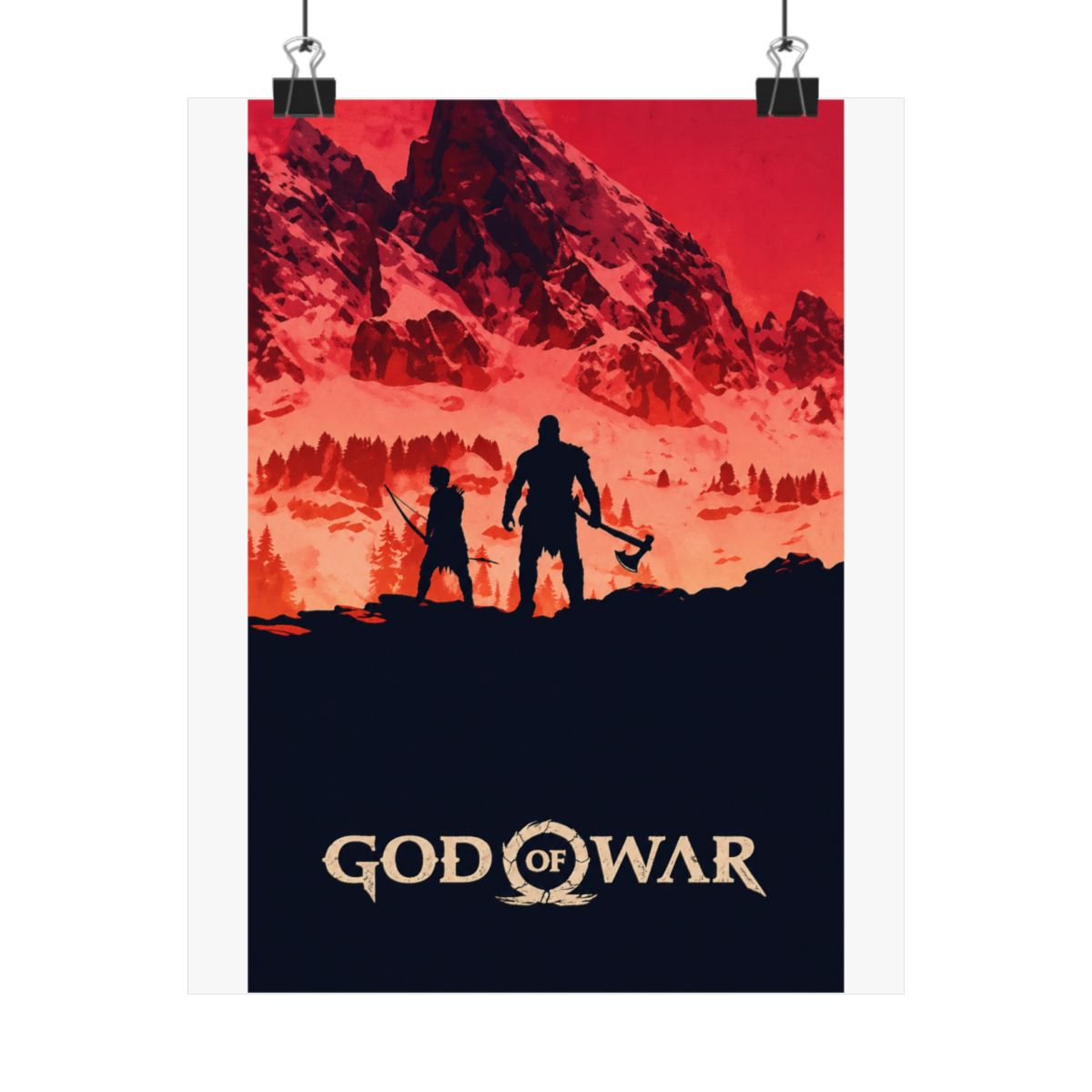 A poster featuring a silhouette of two figures standing in a snowy mountain landscape. The sky is a vibrant red and orange. The text "God of War" is at the bottom of the poster